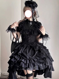 All Black Gothic Lolita Dress Set for Halloween Cosplay
