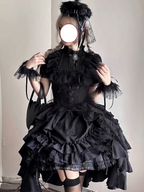 All Black Gothic Lolita Dress Set for Halloween Cosplay