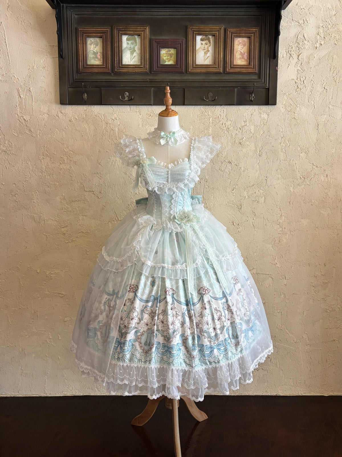 Sweet Mint Green Lolita JSK Dress Lace Ruffle Floral Print Princess Jumper Skirt