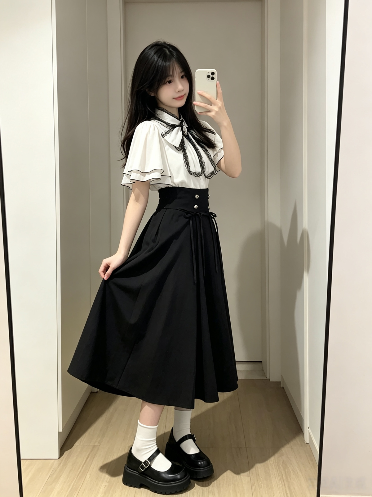Cute White Jirai Kei School Girl Lolita Dress Long Sleeve Mini Skirt Set