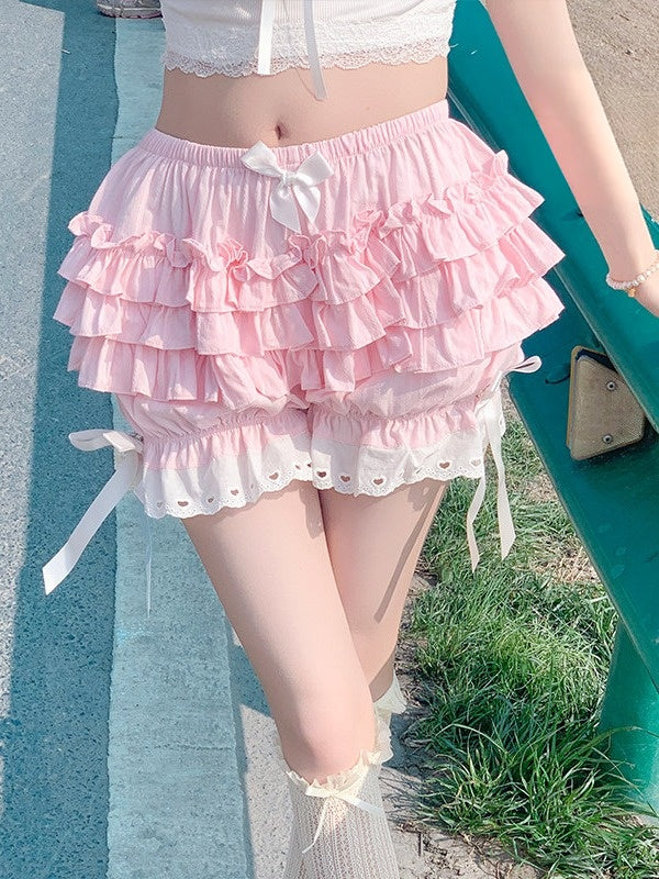 Pink Layered Lace Bloomers with Bow Embellishment - Lan Jian Chuan | CoyBunny