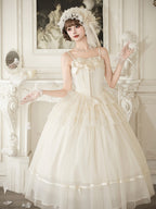 Creamy Boned Waist Elegant Lolita Long JSK Dress + Necklace + Hairband + Floral Hairclip - With PUJI | CoyBunny