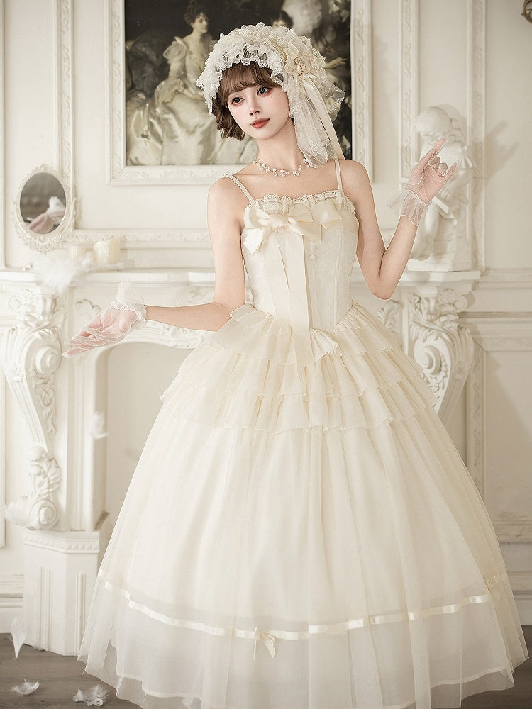 Creamy Boned Waist Elegant Lolita Long JSK Dress + Necklace + Hairband + Floral Hairclip - With PUJI | CoyBunny