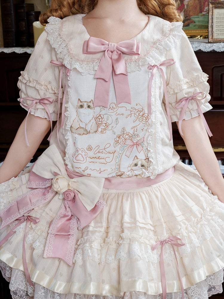 Beige & Pink Low Waist Dollcore Lolita OP Dress with Cat Print & Ribbon - Mirror Ragdoll | CoyBunny