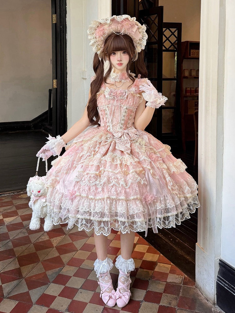 Pink Layered JSK Dress with Floral Bow Accents - Pear Island Sweet Tea | CoyBunny