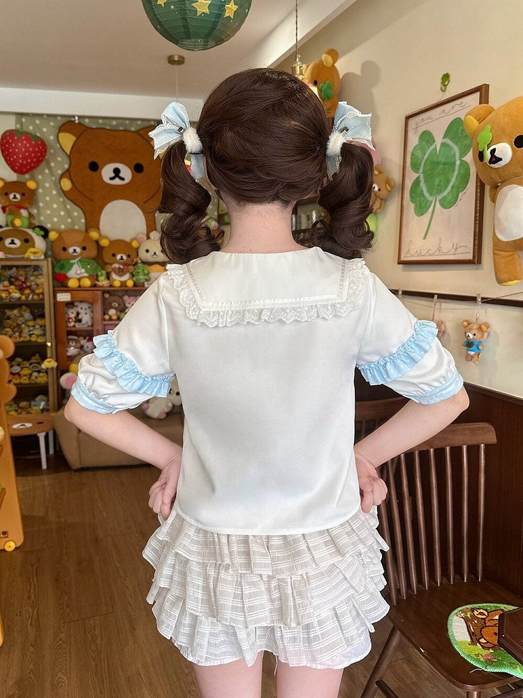 Beige Sweet Lolita Blouse with Blue Ruffle Trim - Sweetheart Dream | CoyBunny
