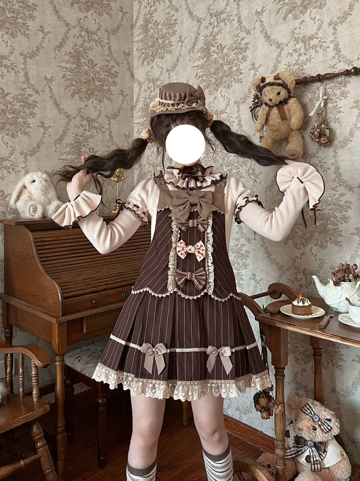 Tiramisu Brown Sweet Lolita JSK Dress Set with Knit Blouse