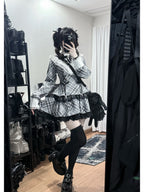 Gingham Sweet Lolita Ruffle Dress Set with Slim Panel Cut