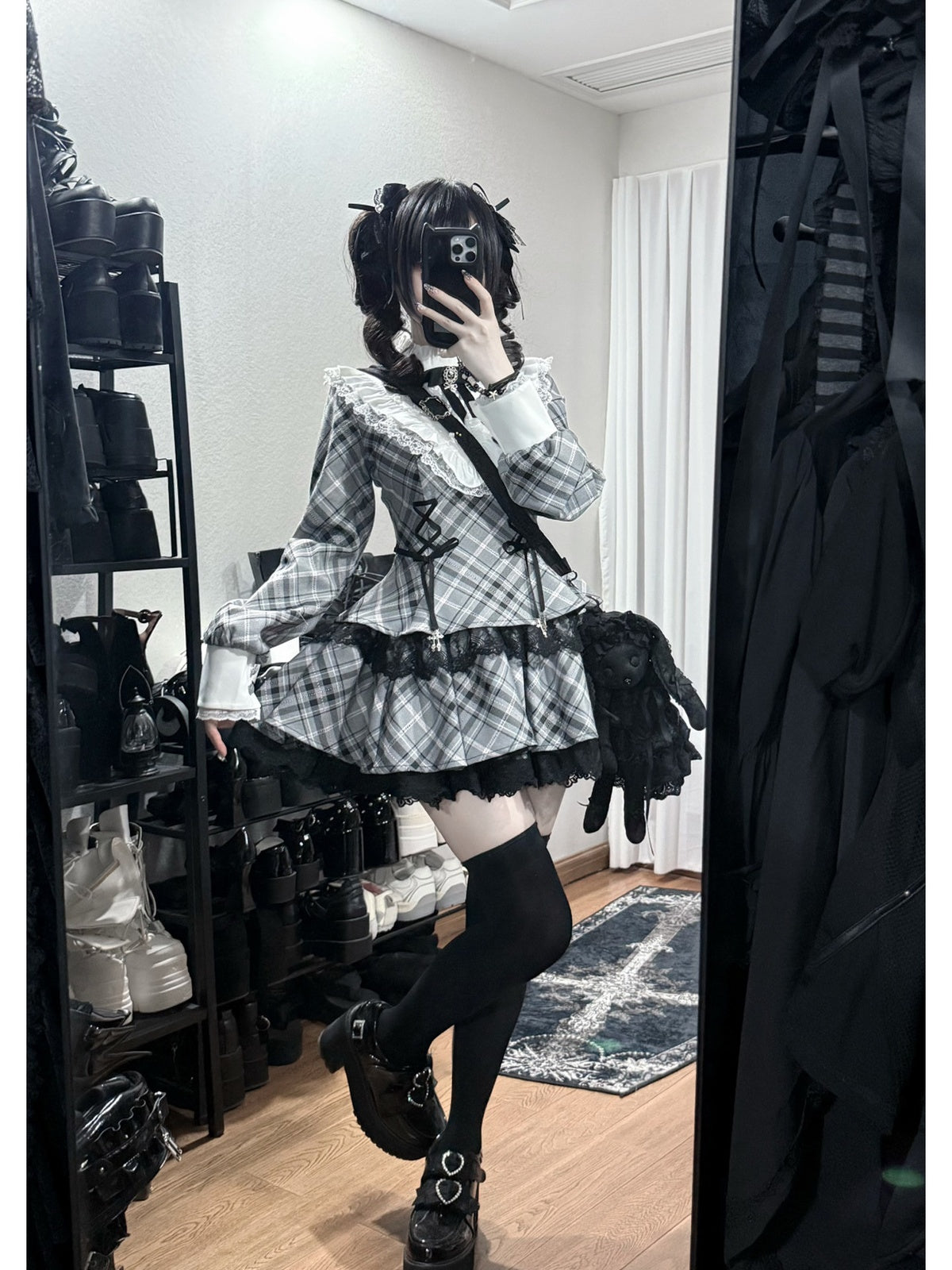 Gingham Sweet Lolita Ruffle Dress Set with Slim Panel Cut
