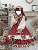 Wine Red Christmas Lolita Dress Set with Cape & Apron