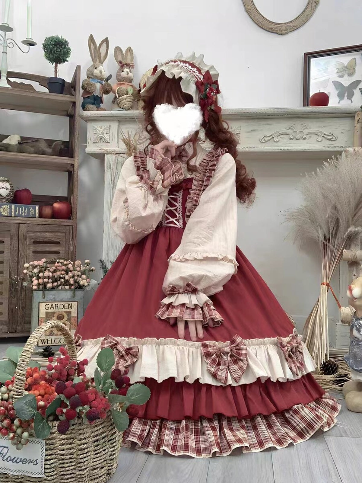 Wine Red Christmas Lolita Dress Set with Cape & Apron