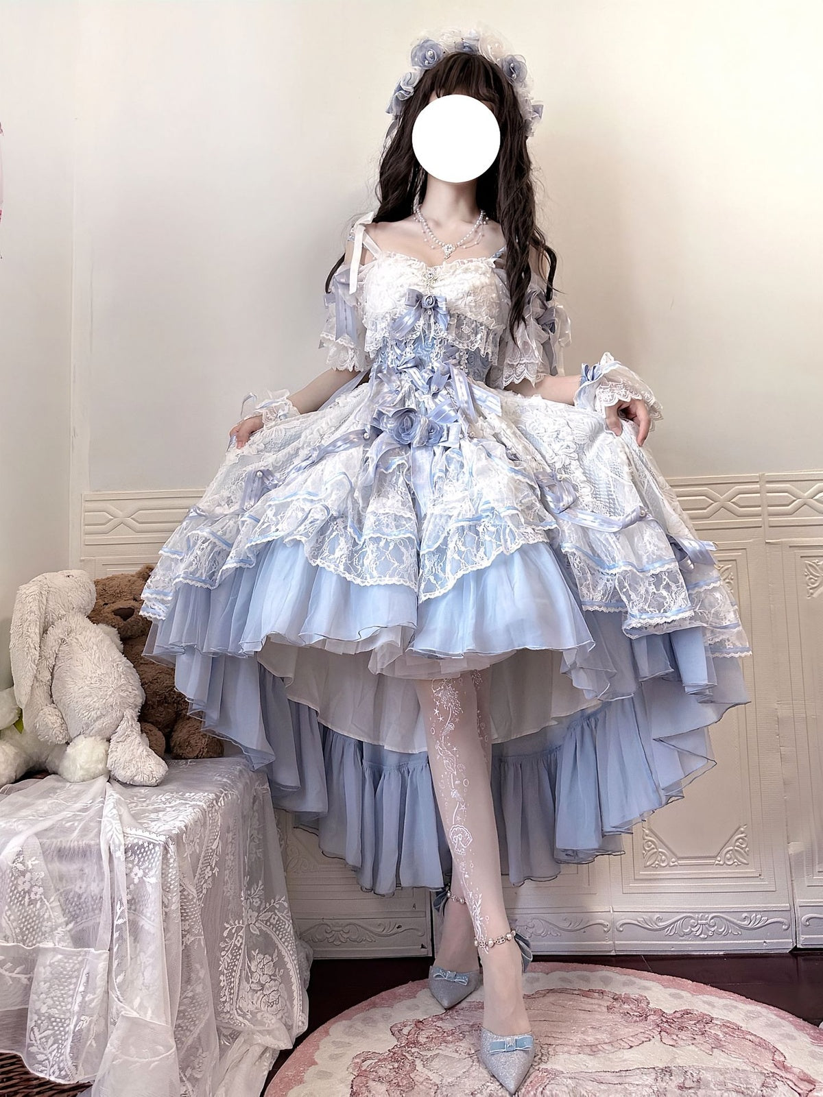 Sweet Lolita Blue Rose Dress Set - Lace Princess Birthday Gown