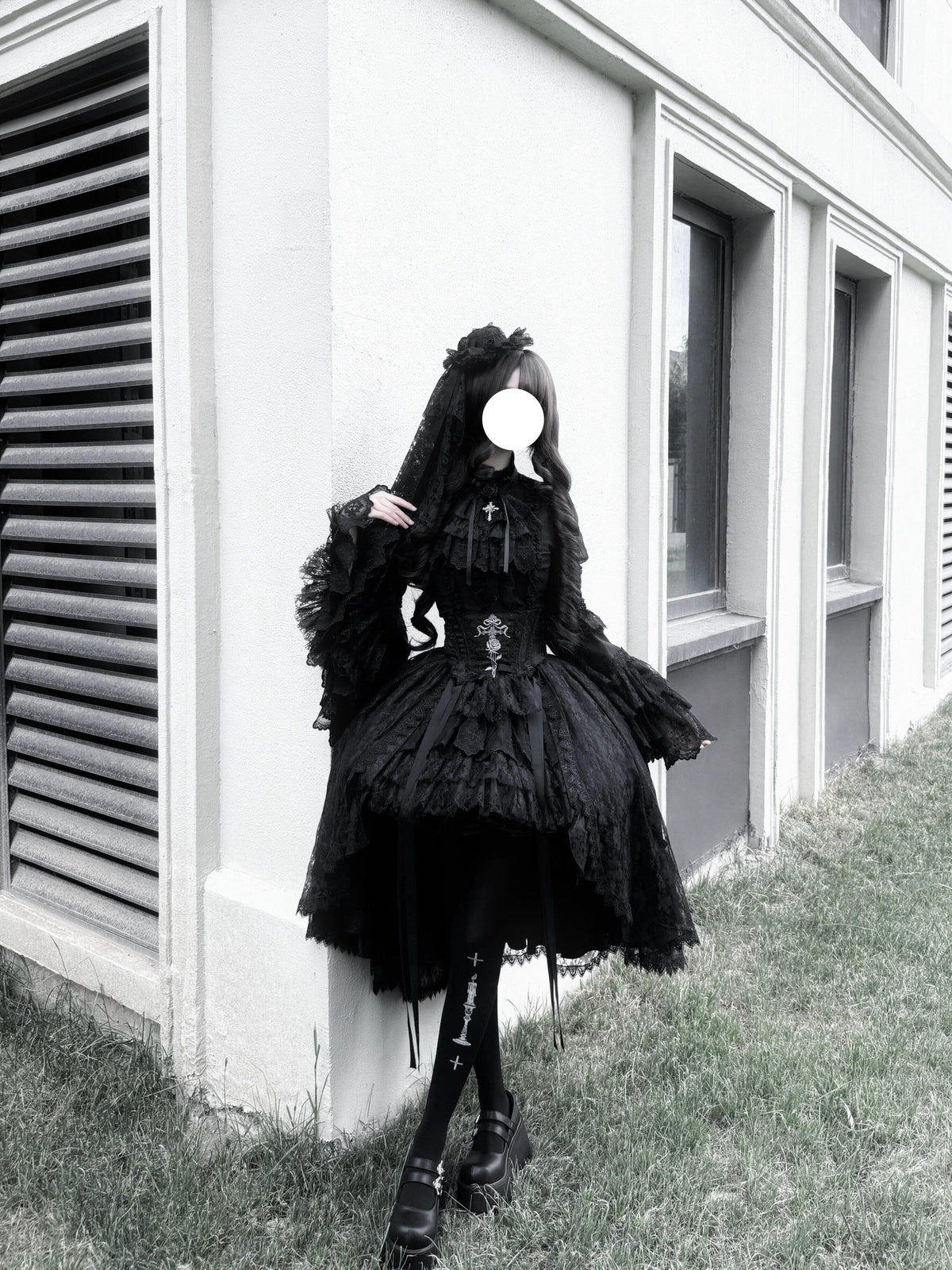 Gothic Lolita Cross & Thorns Dress Set - Black Long Sleeve Outfit