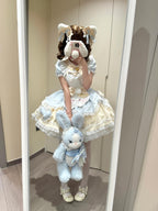 Sweet Cat Lolita OP Dress Short Sleeve Set with Apron & Headpiece