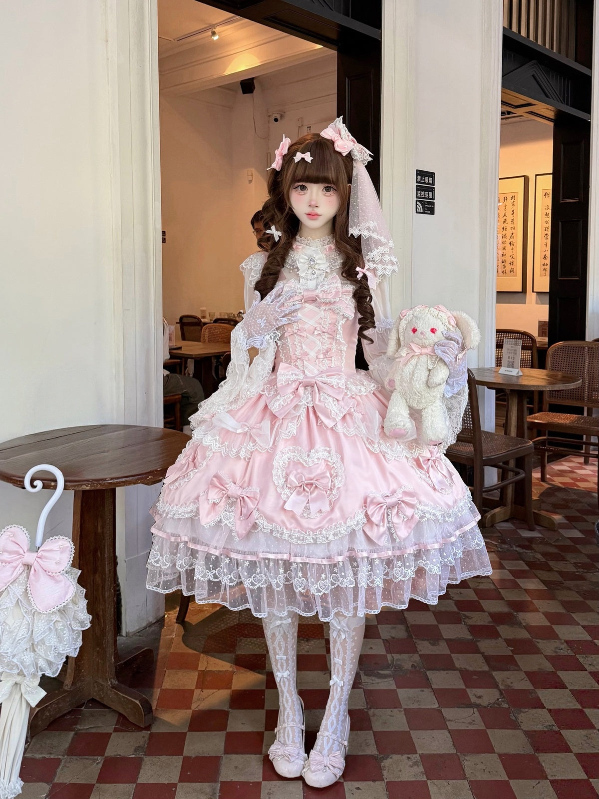 Pink Lolita JSK Dress with Back Bow & Veil | JSK Strappy Gown