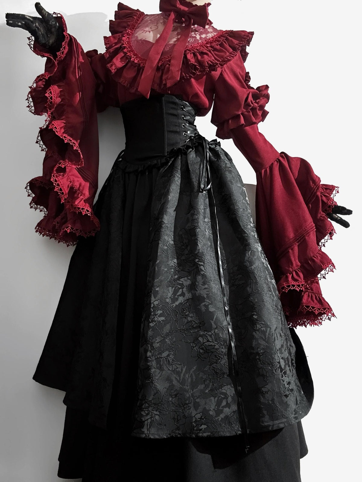 Gothic Red Black Lolita Dress Set with Hime Sleeve Blouse & SK