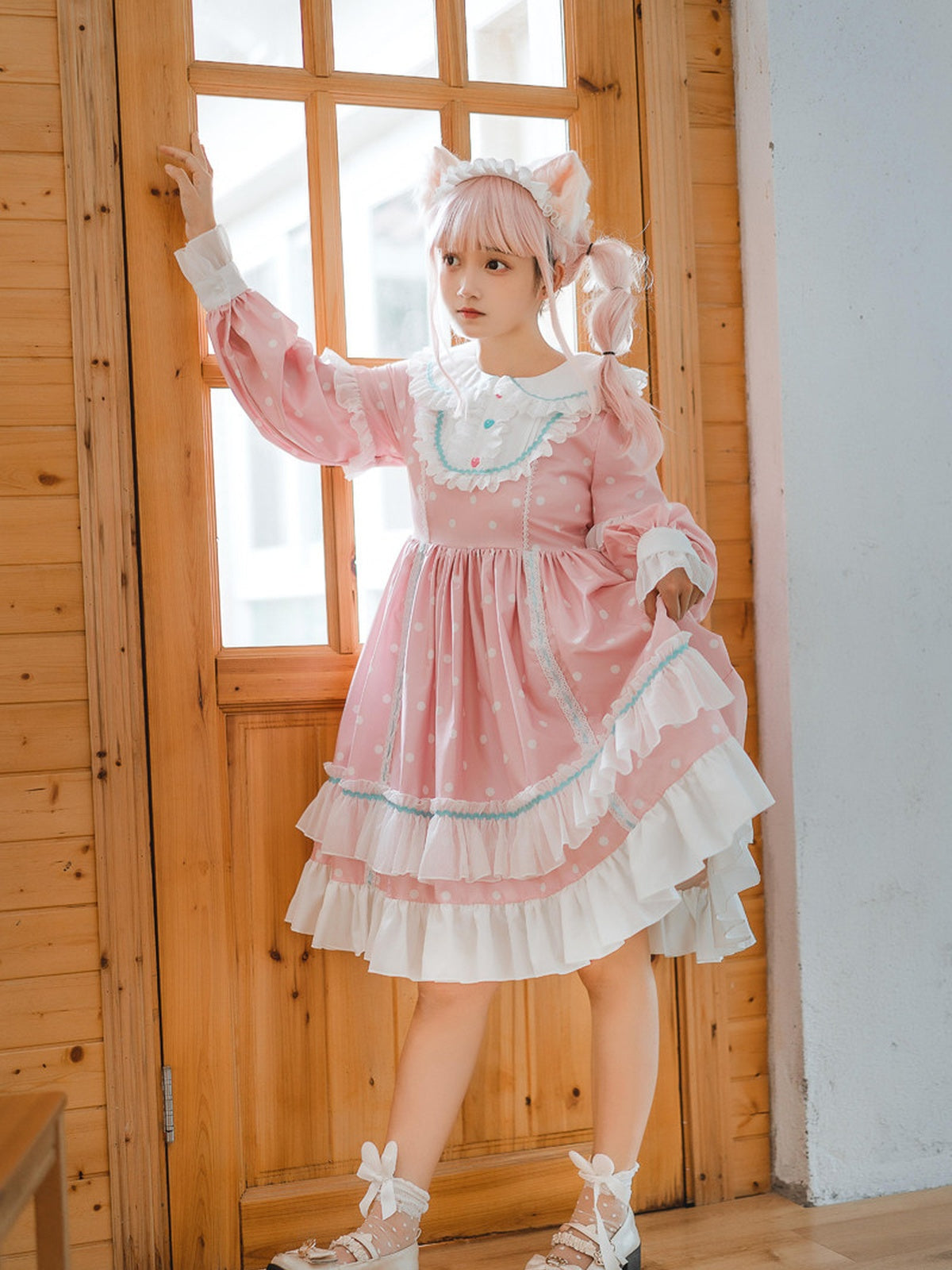 Pink Polka Dot Sweet Lolita OP Long Sleeve Dress & Headpiece
