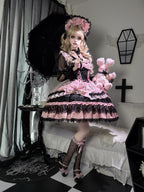 Black Pink Gothic Lolita JSK Dress Set with Bonnet | Doll Gown