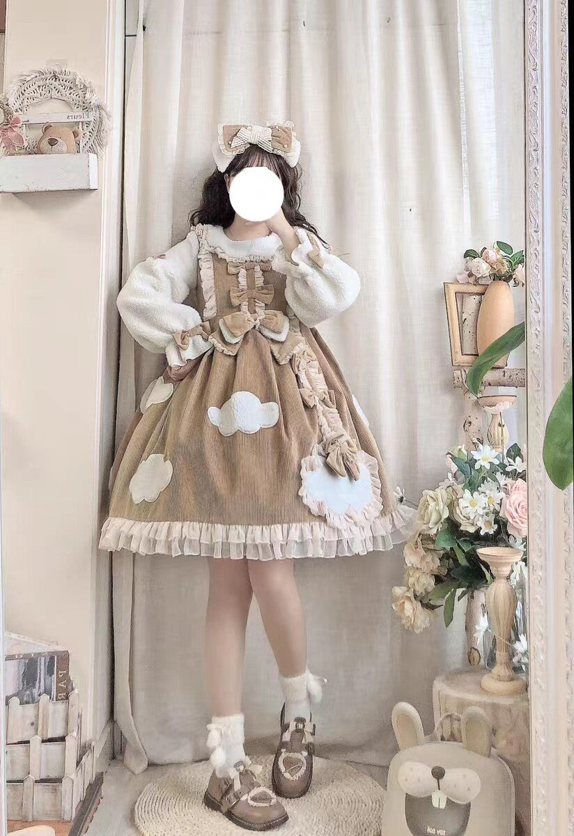 Cocoa Sweet Lolita Long Sleeve OP Dress with Headband & Petticoat