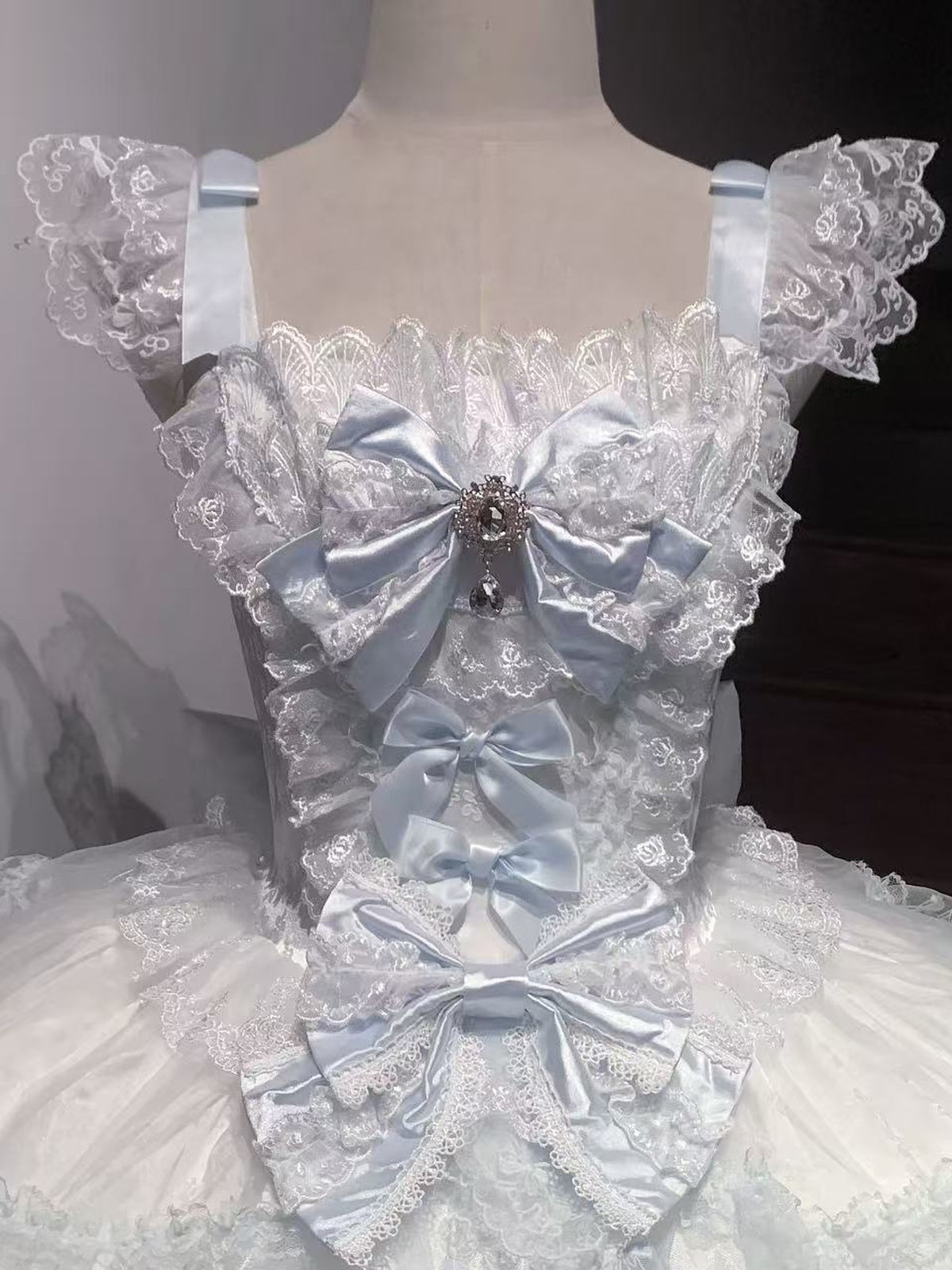Blue & White Lolita JSK Dress with Train & Headband Set