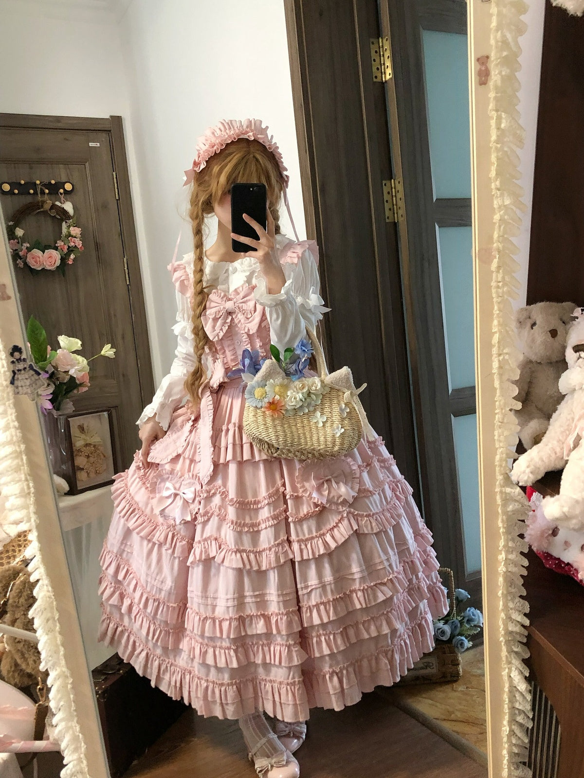 Pink Classical Lolita JSK Dress with Headband | Winter Gown