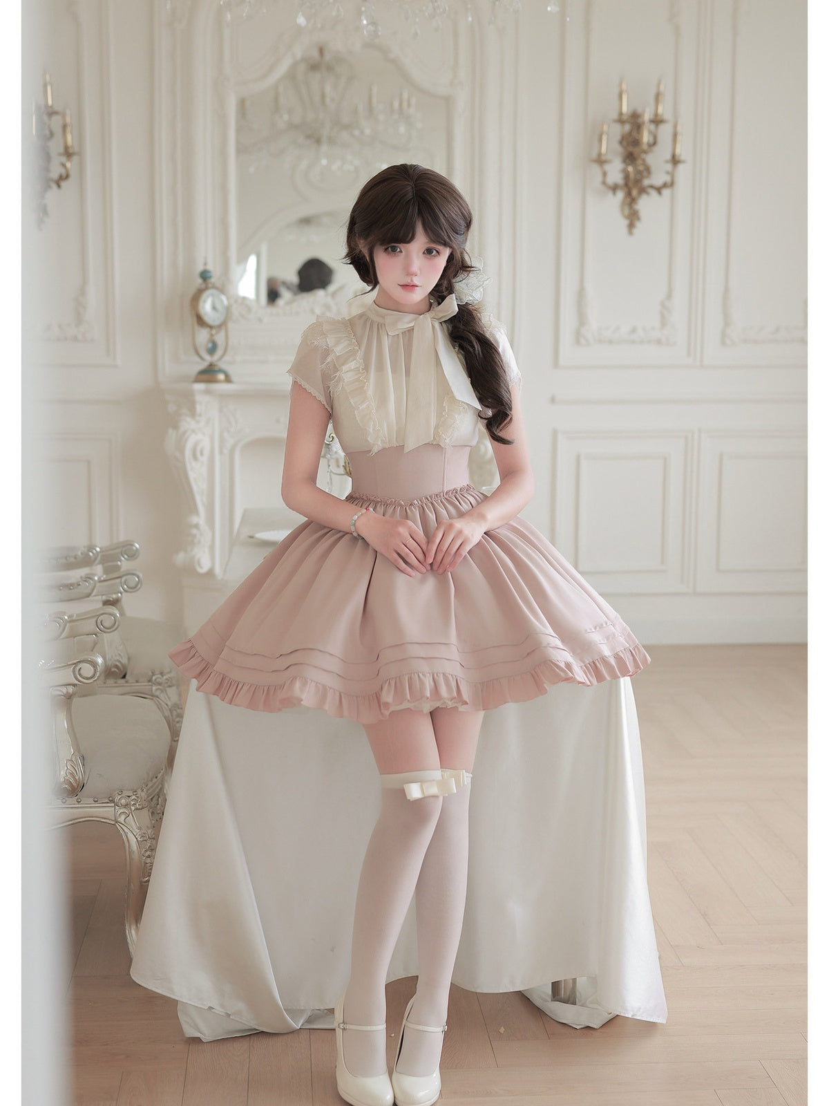 Short Color Block Lolita Dress with Waist Boning & Ruffles
