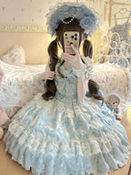 Vintage Old-School Blue Lolita JSK Dress Full Set with Petticoat