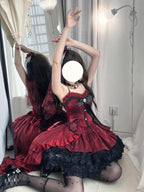 Gothic Wine Red High-Low Lolita Dress Set with Detachable Train