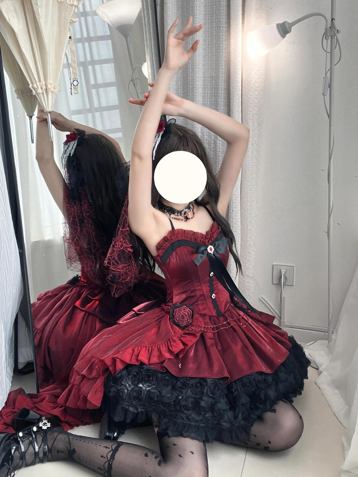 Gothic Wine Red High-Low Lolita Dress Set with Detachable Train