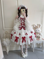 White & Red Doll JSK Lolita Dress with Back Bow & Headband
