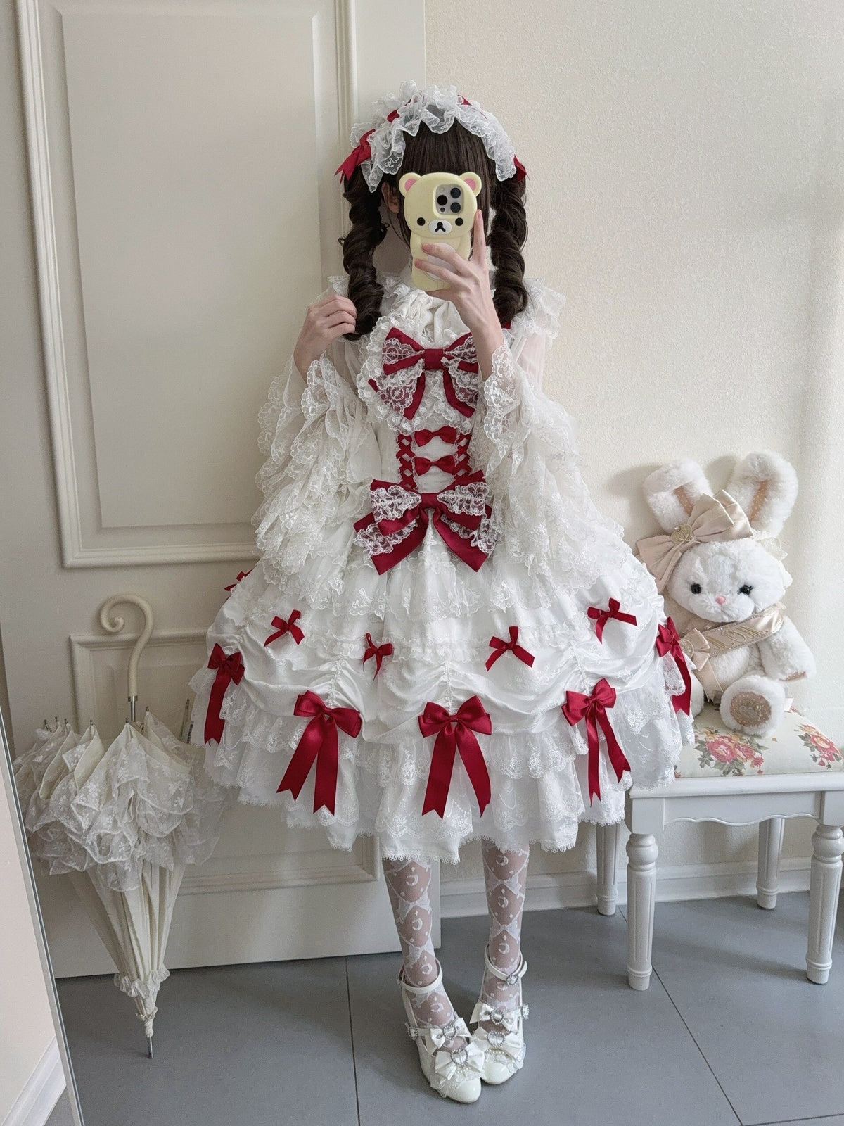 White & Red Doll JSK Lolita Dress with Back Bow & Headband