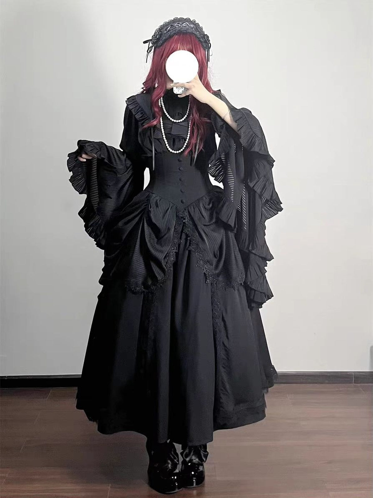 Gothic Black Lolita Skirt Set: Dark Hime Sleeve Blouse & Corset