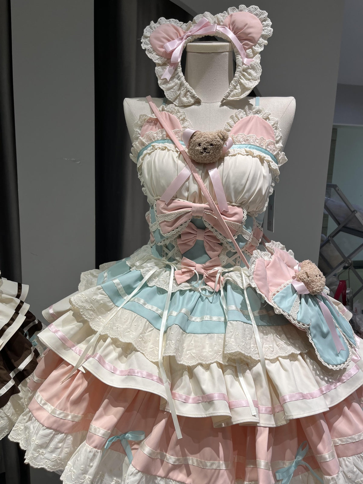 Sweet Apricot Pink Bear Lolita JSK Dress Full Set with Plush Bag