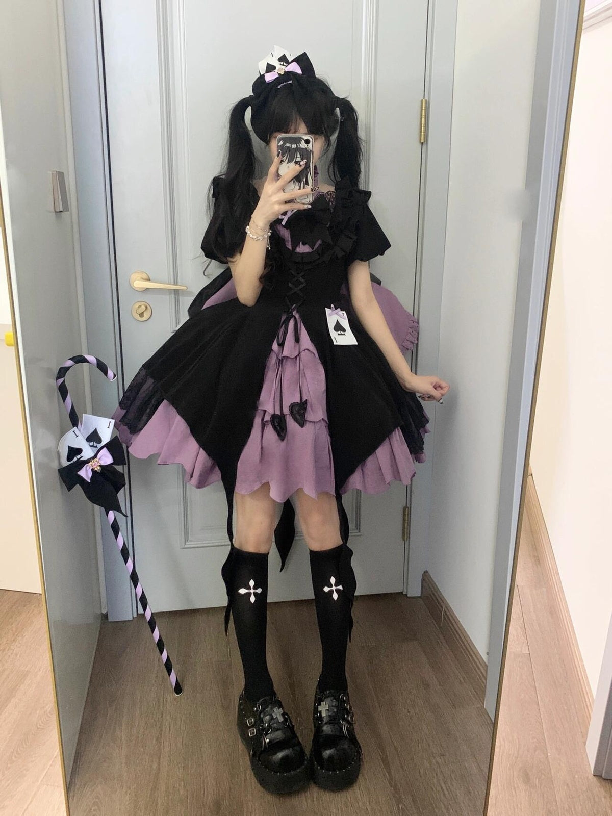 Black and Purple Gothic Lolita Dress Set for Halloween Cosplay