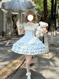 Blue Stripe Sweet Lolita OP Dress Full Set with Hat & Detachable Sleeves
