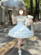 Blue Stripe Sweet Lolita OP Dress Full Set with Hat & Detachable Sleeves