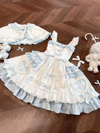 Blue & White Sweet Lolita Dress Set with Cape & Hair Clip Full Set
