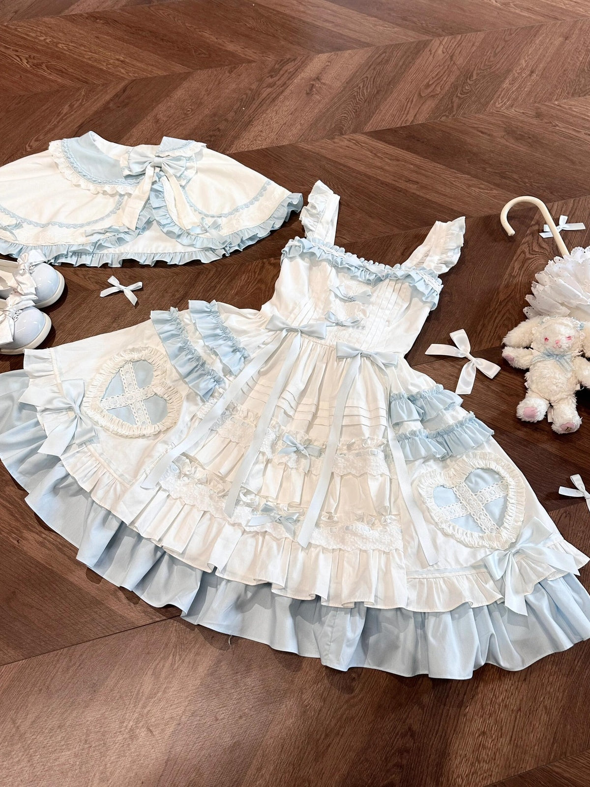 Blue & White Sweet Lolita Dress Set with Cape & Hair Clip Full Set