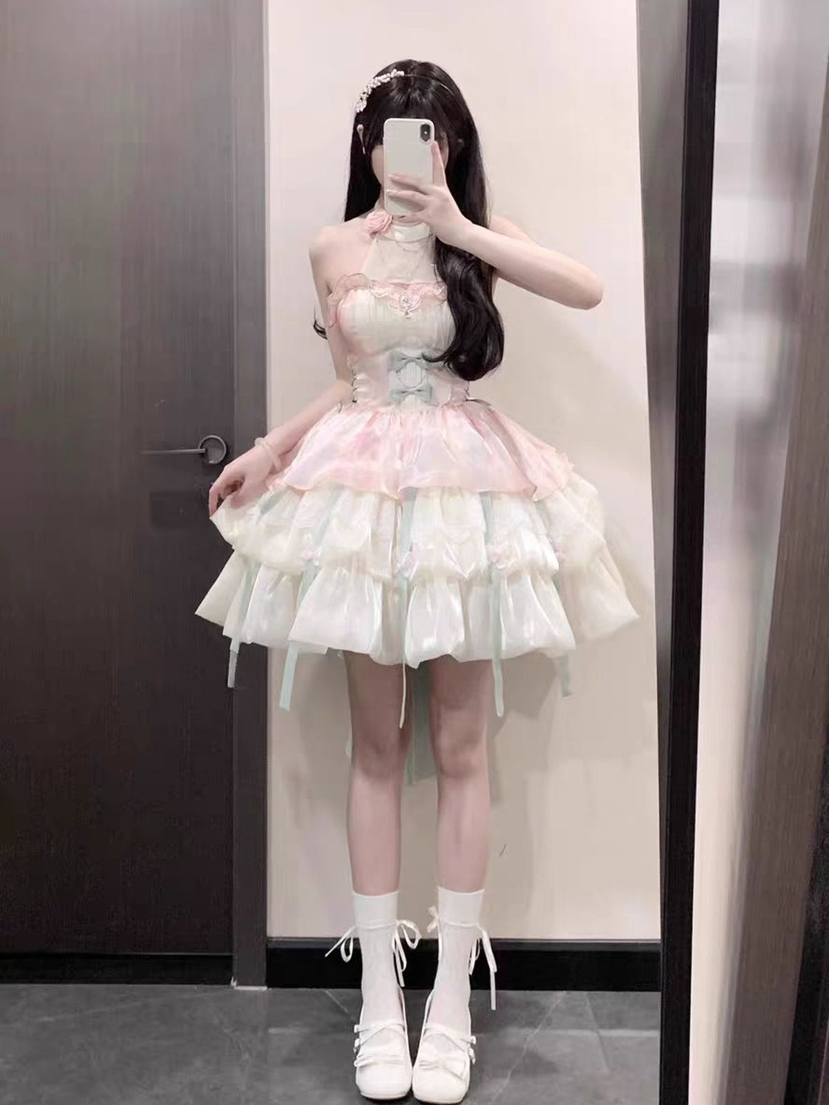 Apricot Green Lolita Halter Neck Princess Dress with Train & Petticoat