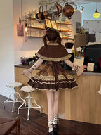 Brown Plaid Lolita Dress Set with Vintage Cape & Long Sleeve Blouse