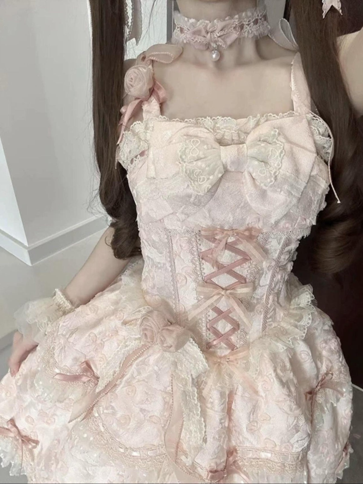 Sweet Pink Balletcore Lolita JSK Dress Full Set with Petticoat