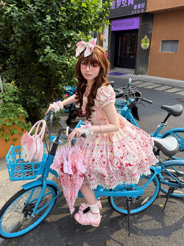 Cat Print Cream Sweet Lolita OP Dress with Removable Crisscross Halter Straps - Pastry Chef | CoyBunny