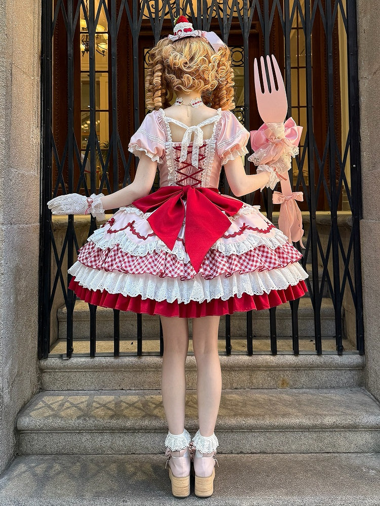 Sweet Lolita Strawberry Bowknot Tiered Dress in Pink and Red - Sakurahime | CoyBunny