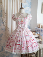 Cat Print Cream Sweet Lolita OP Dress with Removable Crisscross Halter Straps - Pastry Chef | CoyBunny