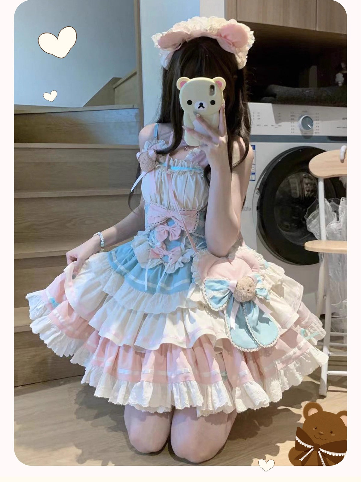 Sweet Apricot Pink Bear Lolita JSK Dress Full Set with Plush Bag