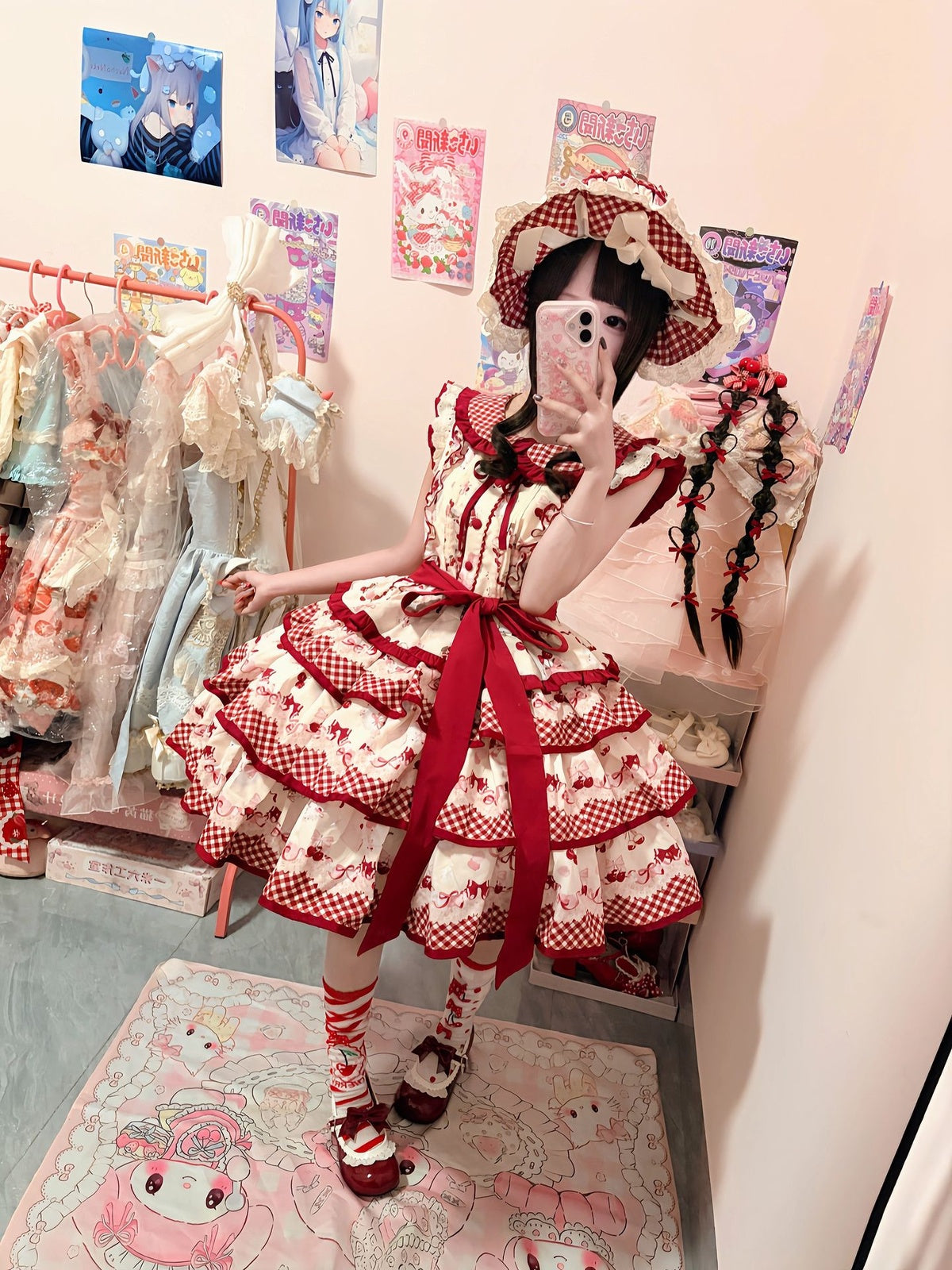 Sweet Cherry Lolita Tiered Dress Set with Bonnet