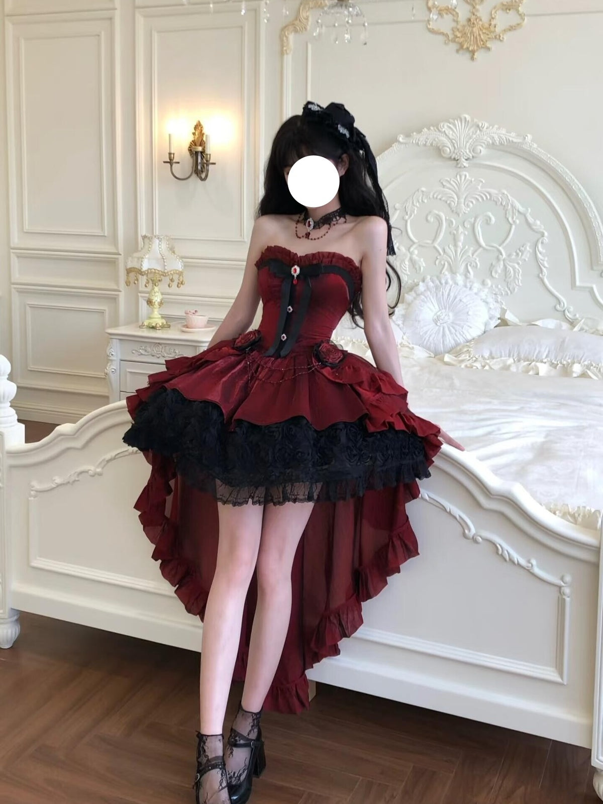 Gothic Wine Red High-Low Lolita Dress Set with Detachable Train