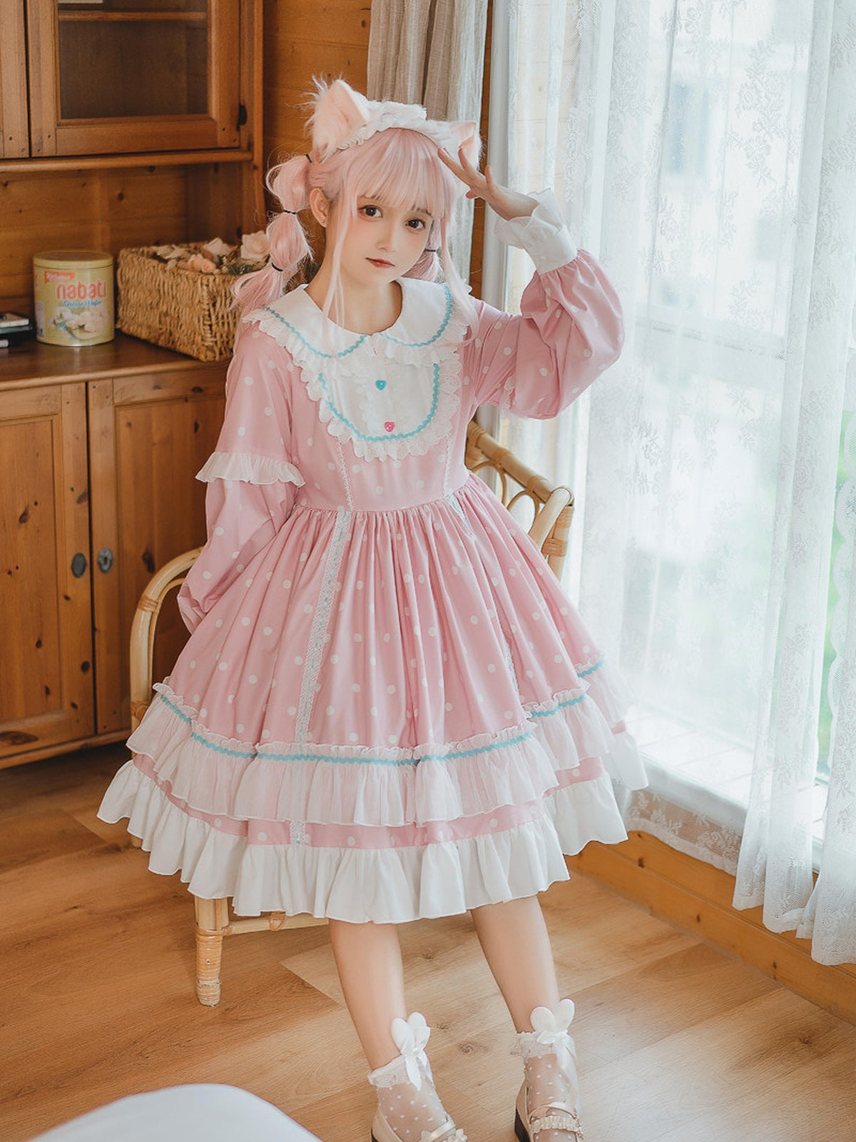 Pink Polka Dot Sweet Lolita OP Long Sleeve Dress & Headpiece