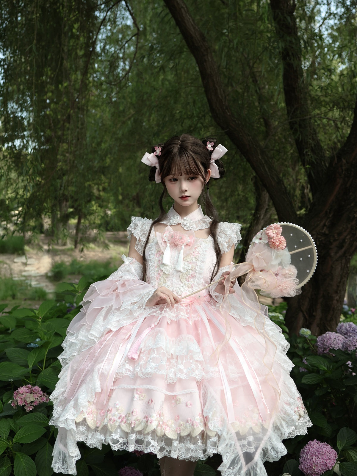 Pink Qi Lolita JSK Dress with Detachable Sleeves & Back Bow