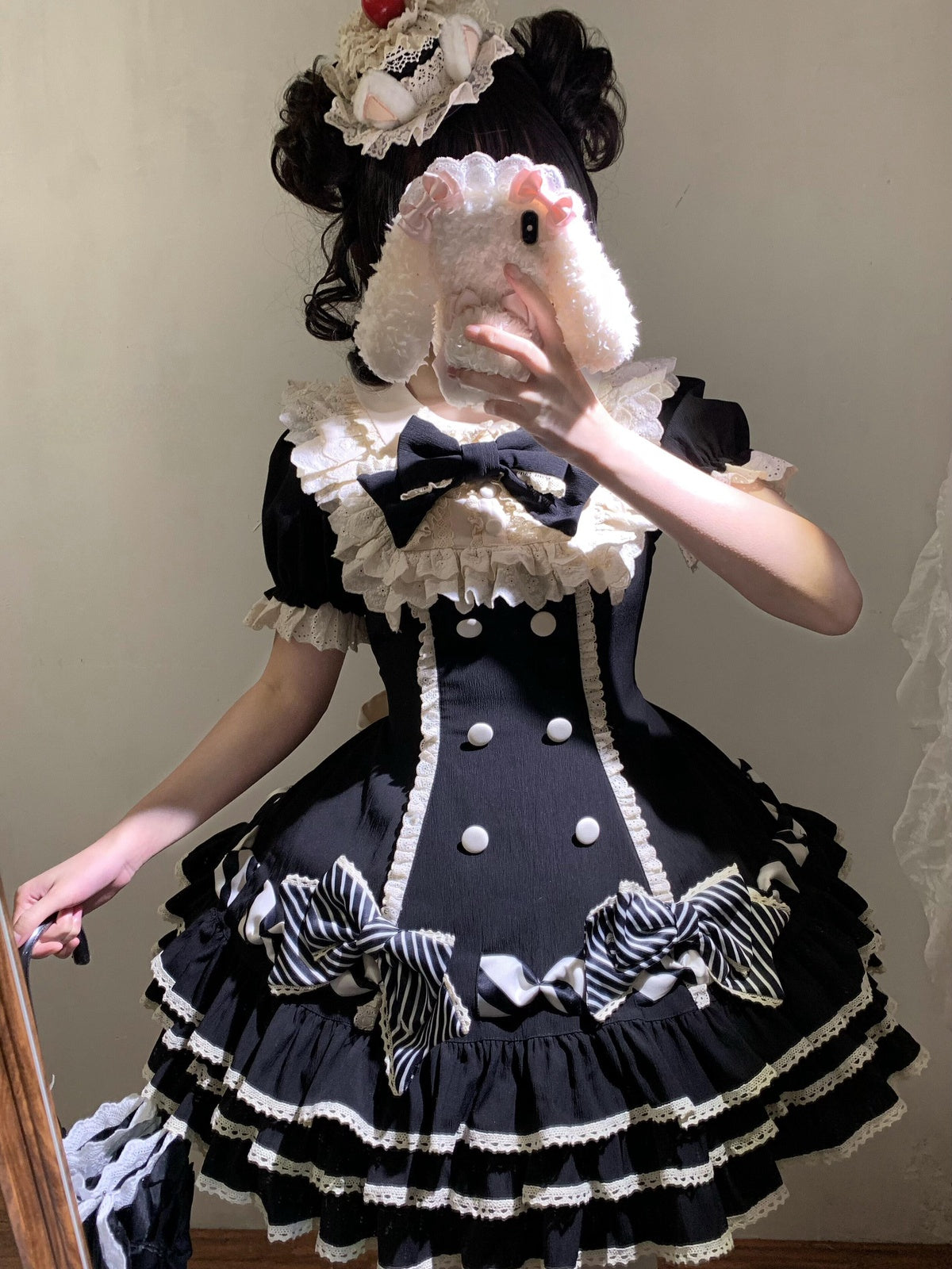 Black Stripe Sweet Lolita OP Dress Full Set with Hat & Detachable Sleeves